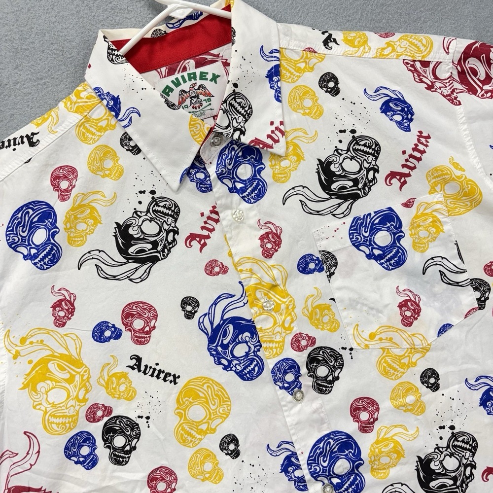 Vintage Avirex Shirt‎ Mens XL Skull All Over Print Button Up White Grunge Y2K